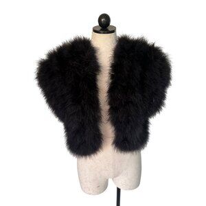 Vintage Maribou Feather Cropped Womens Vest Jacket Size S/M Black Lined Boho